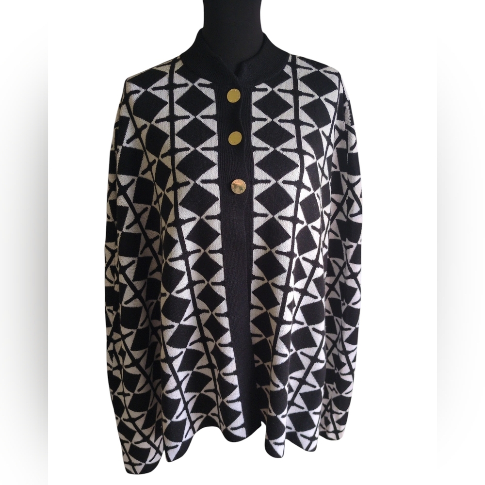 Anne Klein Black and White Poncho Cardigan with Gold Accents